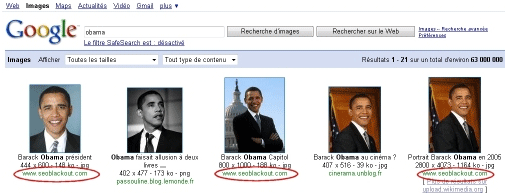 Exemple de Hotlinkg Image : Le site www.seoblackout.com est premier sur la recherche obama